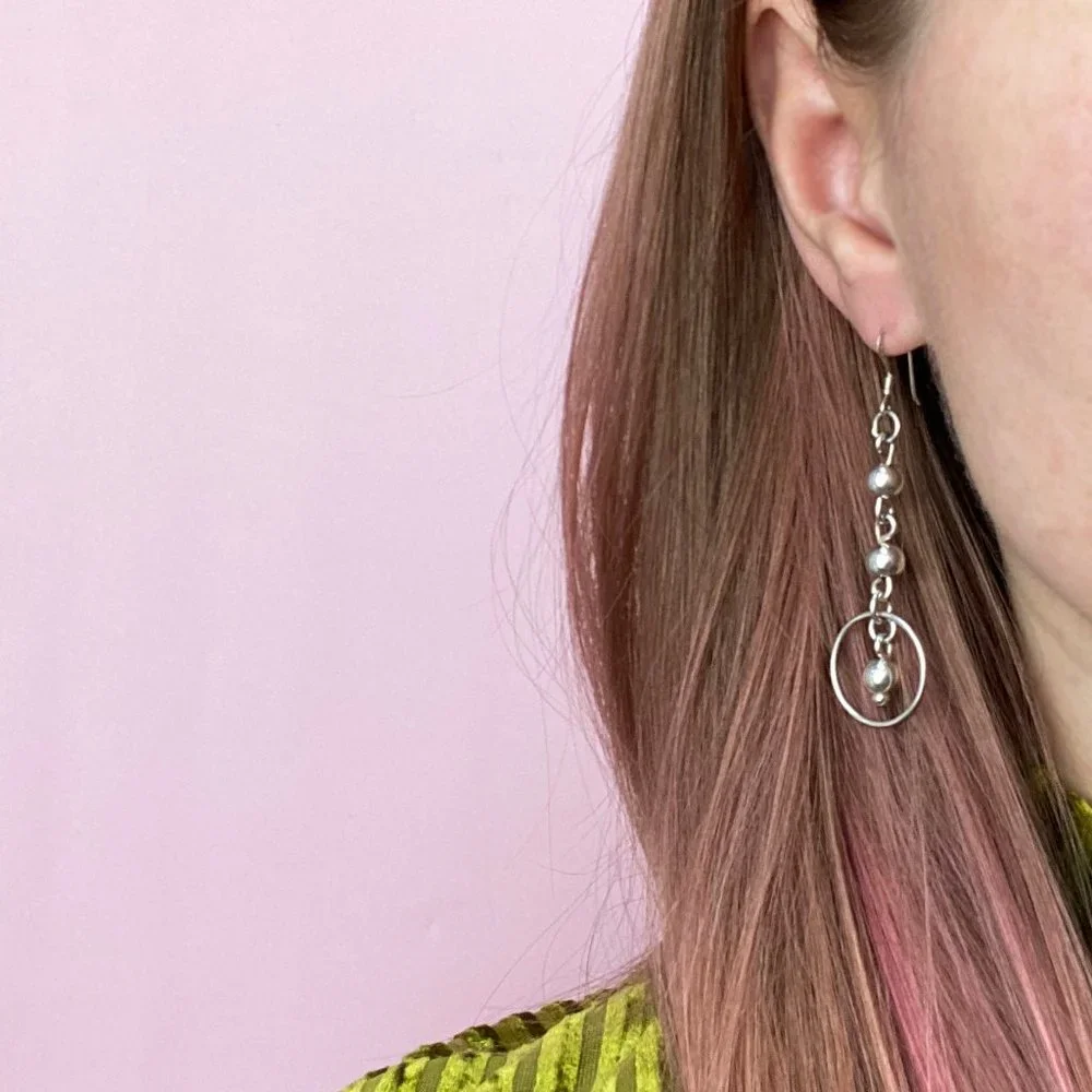 Long Korean aesthetic earrings, stylish silver earrings, alt kpop earrings